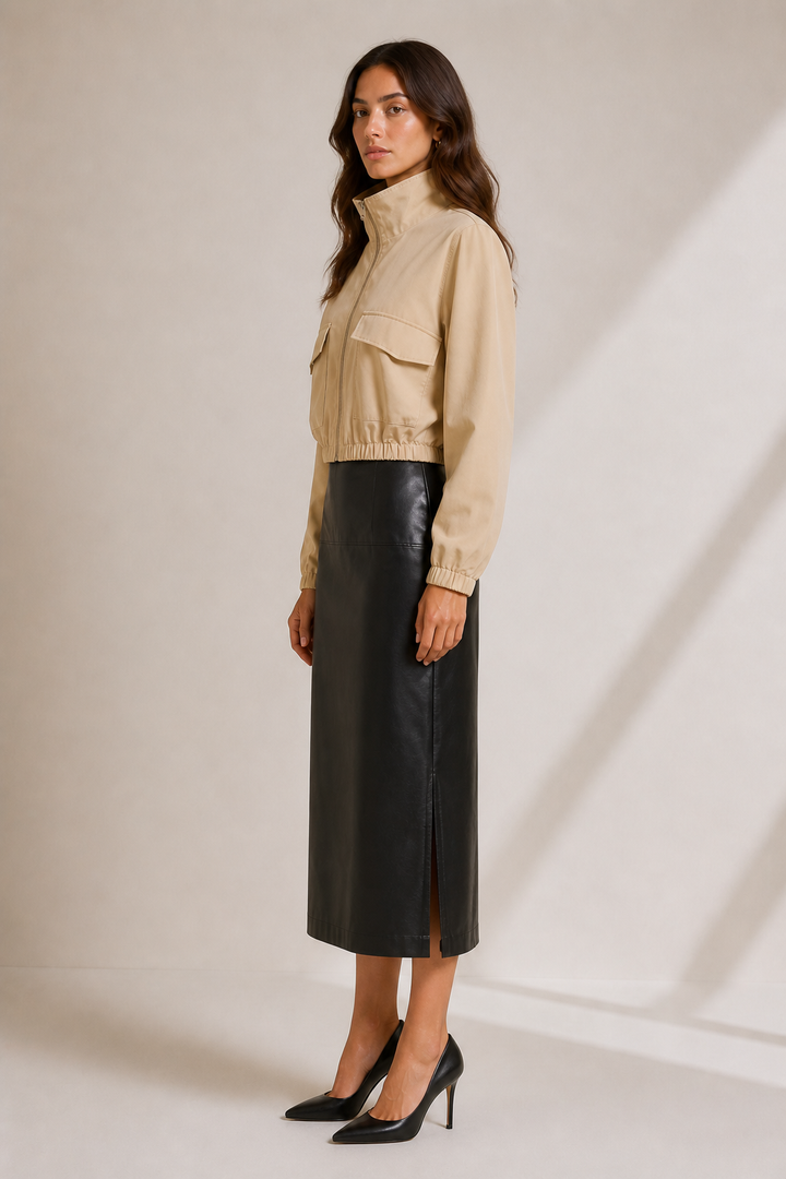 Faux Leather Pencil Midi Skirt — Black