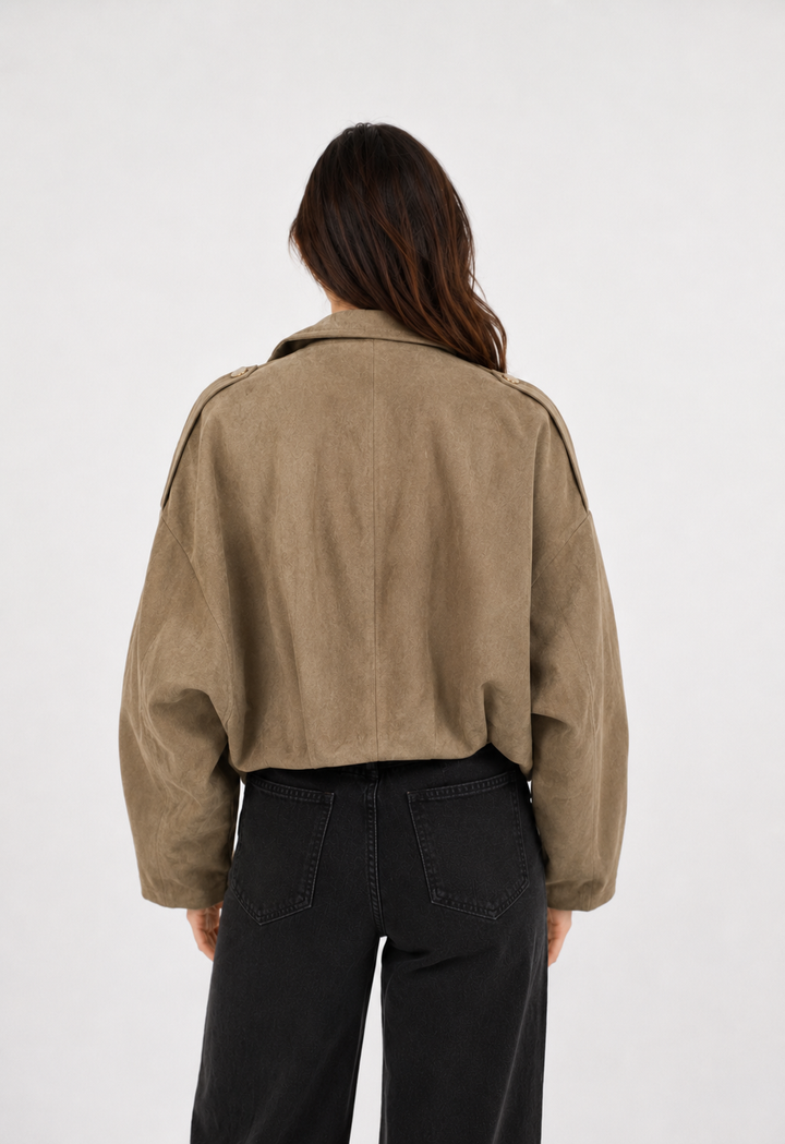 Cropped Suede Shacket — Beige