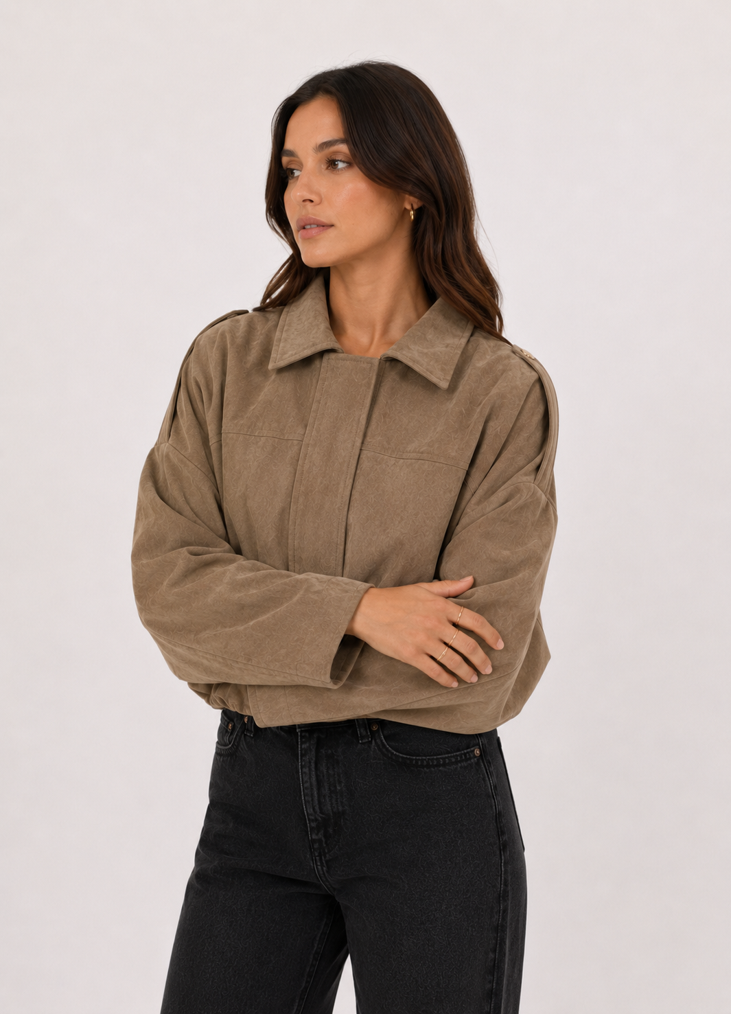 Cropped Suede Shacket — Beige