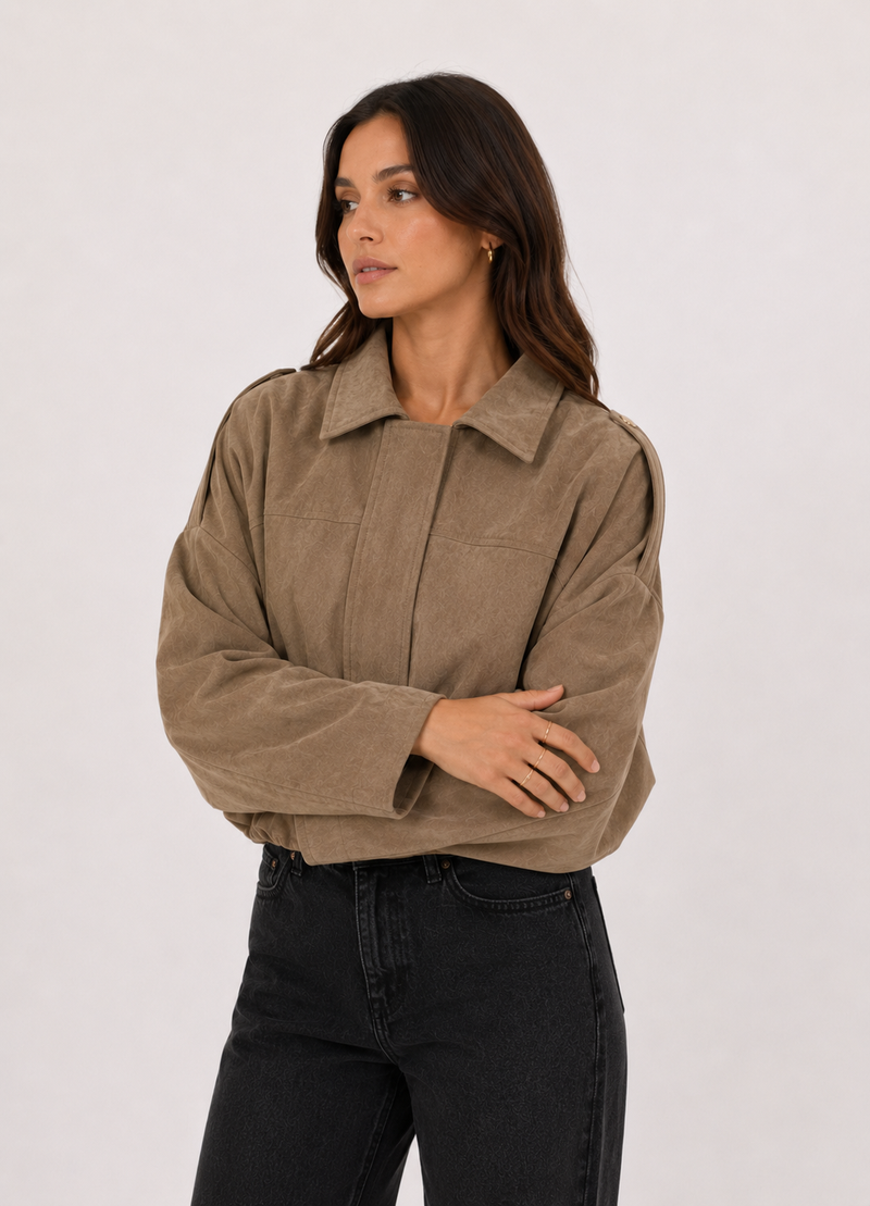 Cropped Suede Shacket — Beige