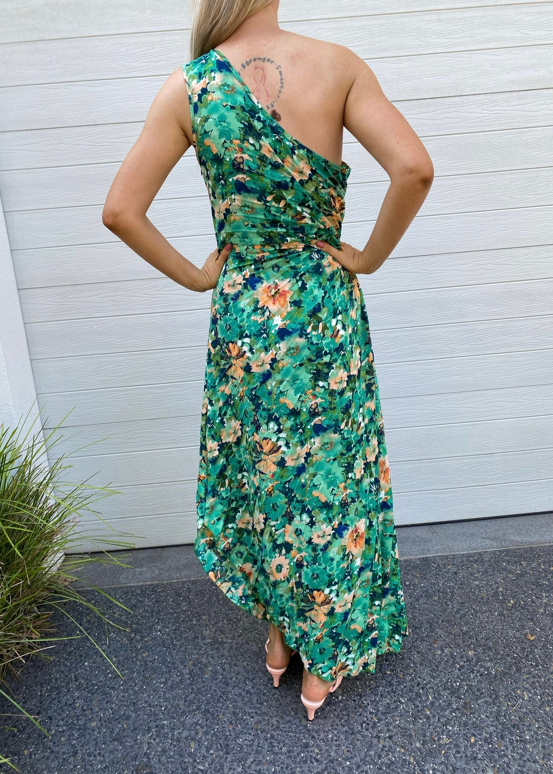 Camelia pleat dress - green and orange floral print