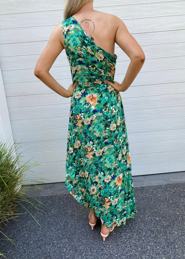 Camelia pleat dress - green and orange floral print