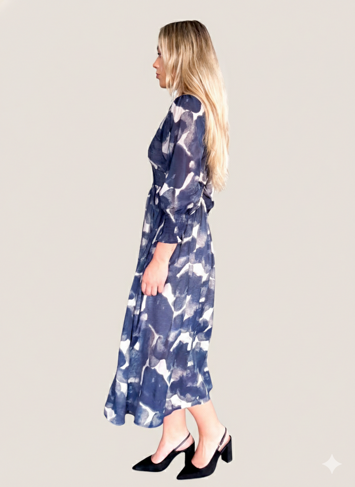 Abstract Print Midi Dress — Navy