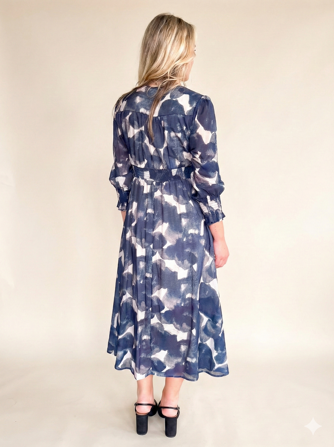 Abstract Print Midi Dress — Navy