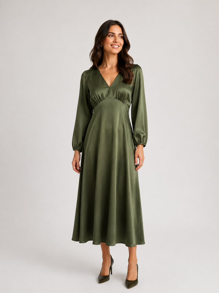 Satin V-Neck Midi Dress with Balloon Sleeves — Olive