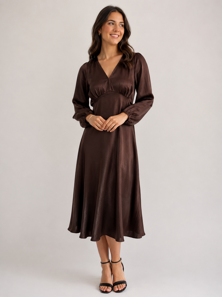 Satin V-Neck Midi Dress with Balloon Sleeves — Chocolate