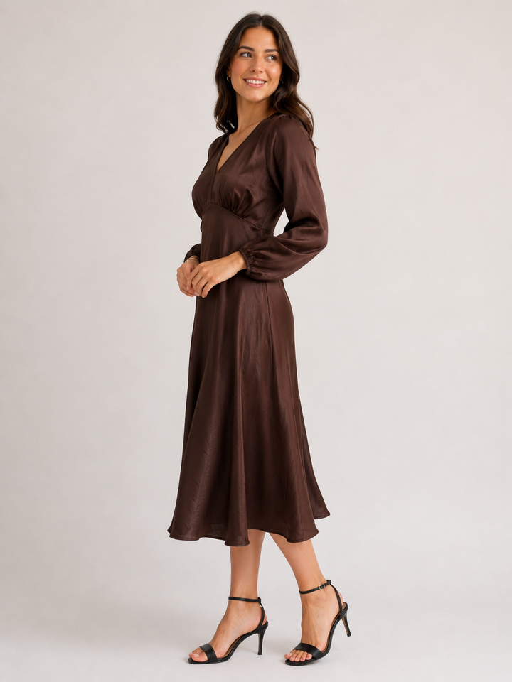 Satin V-Neck Midi Dress with Balloon Sleeves — Chocolate