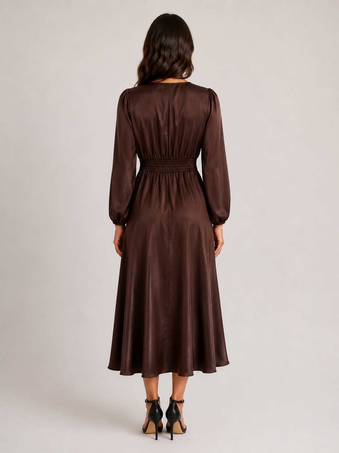 Satin V-Neck Midi Dress with Balloon Sleeves — Chocolate