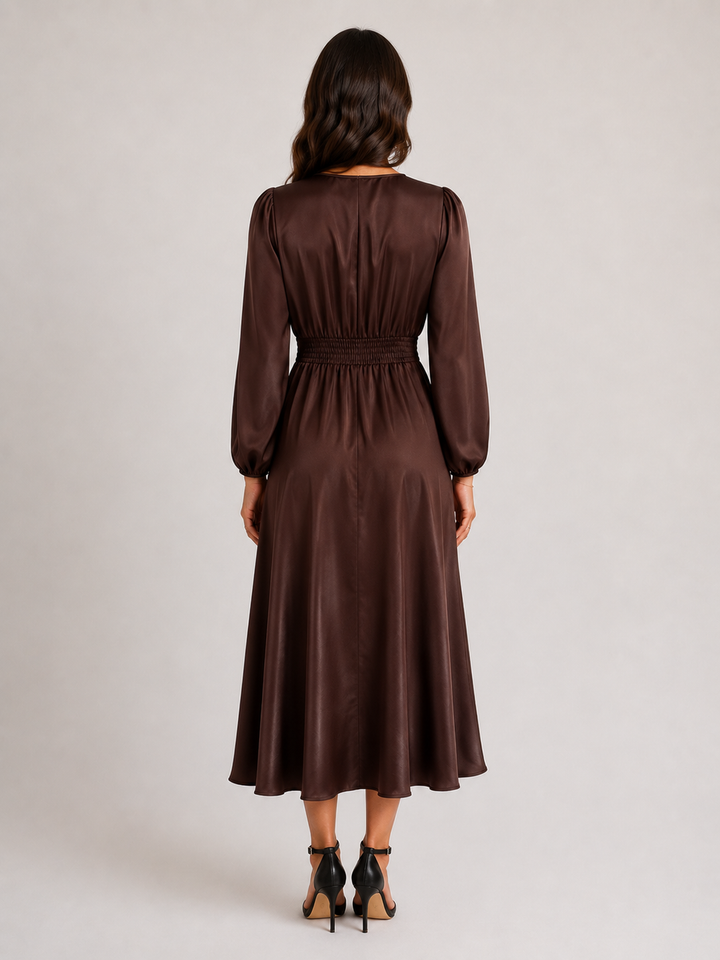 Satin V-Neck Midi Dress with Balloon Sleeves — Chocolate