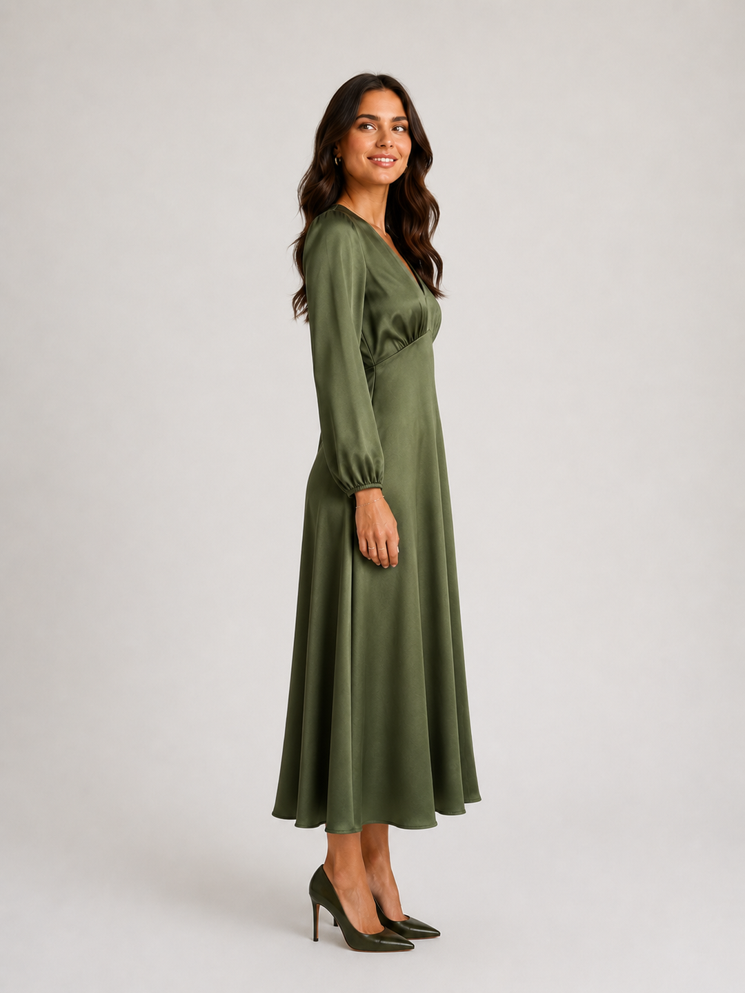 Satin V-Neck Midi Dress with Balloon Sleeves — Olive
