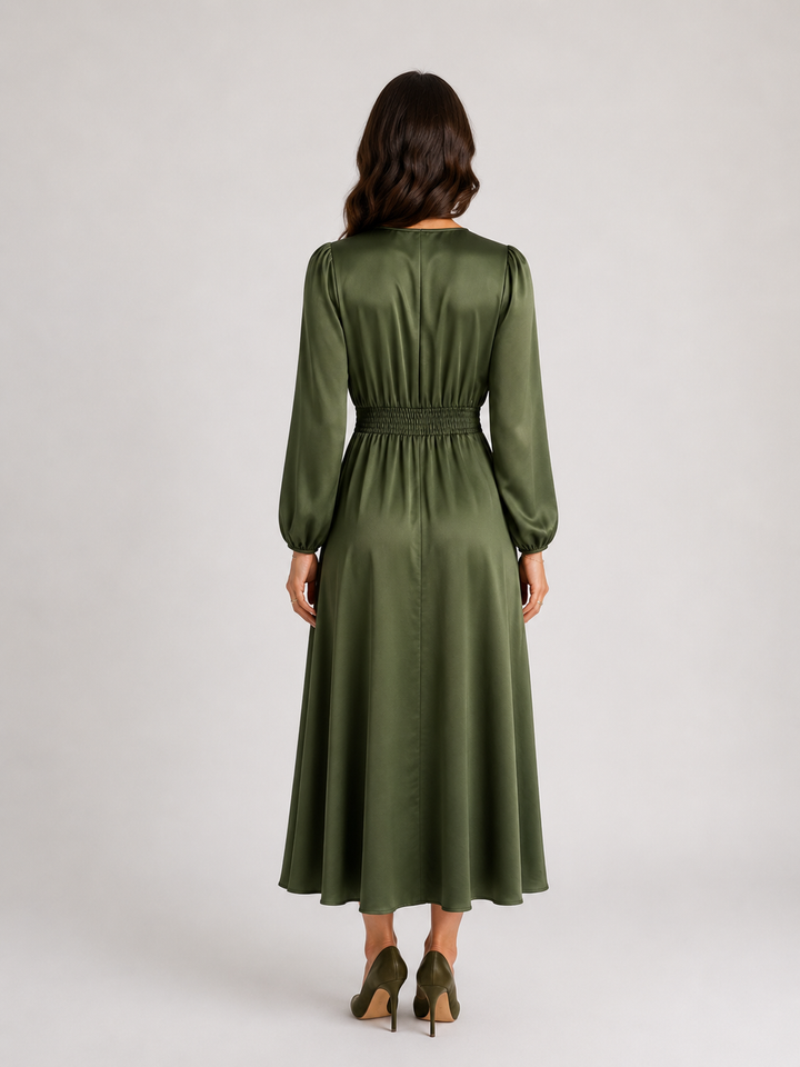 Satin V-Neck Midi Dress with Balloon Sleeves — Olive