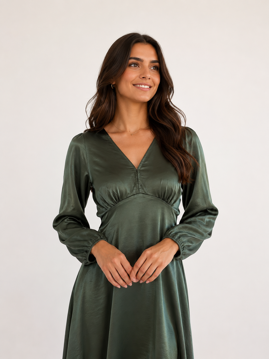 Satin V-Neck Midi Dress with Balloon Sleeves — Olive