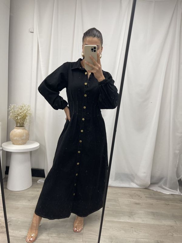 Denim Maxi Shirt Dress - Black