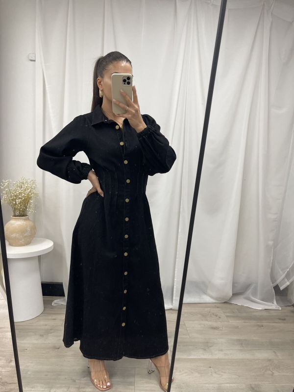 Denim Maxi Shirt Dress - Black