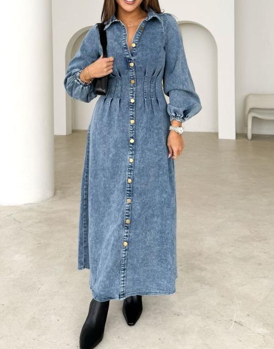 Denim Maxi Shirt Dress - Mid Wash