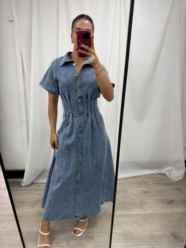 Denim Button-Through Midi Dress - Light Denim