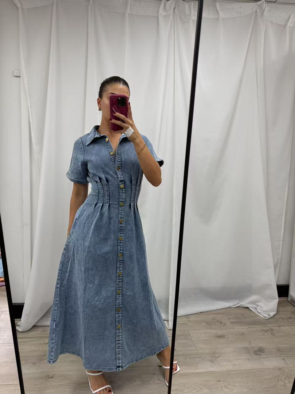 Denim Button-Through Midi Dress - Light Denim