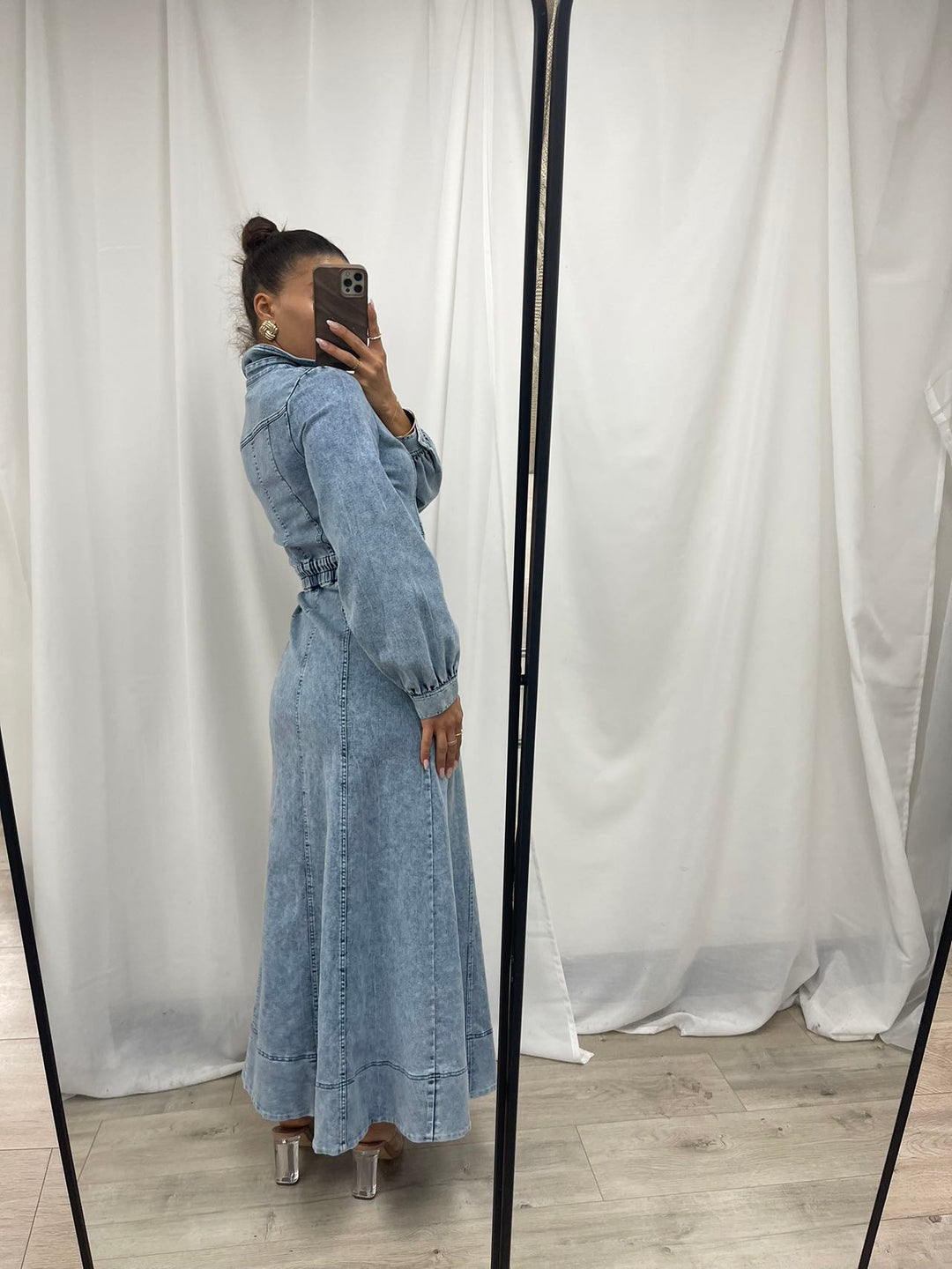 Denim Balloon Sleeve Maxi Dress - Light Wash