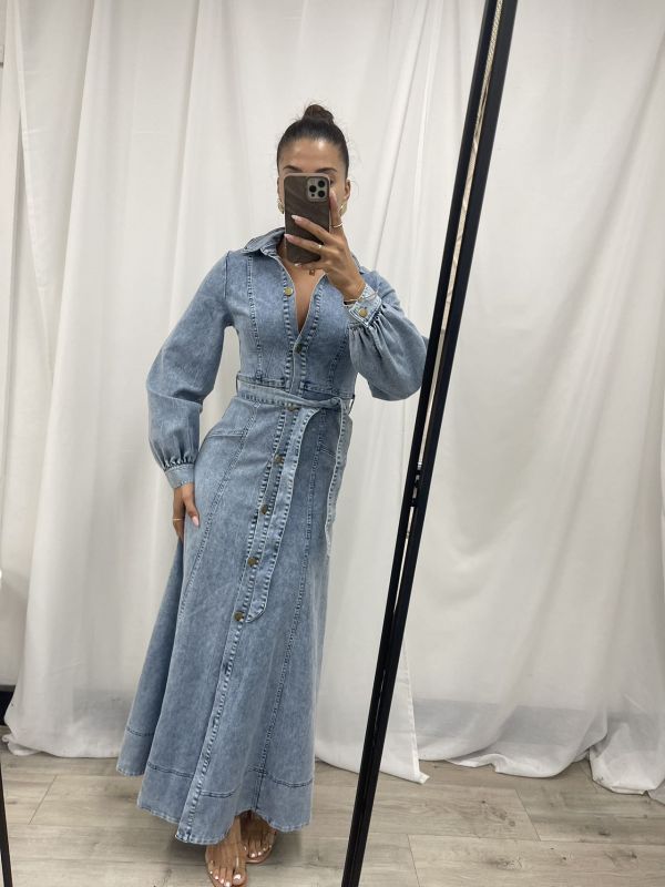 Denim Balloon Sleeve Maxi Dress - Light Wash