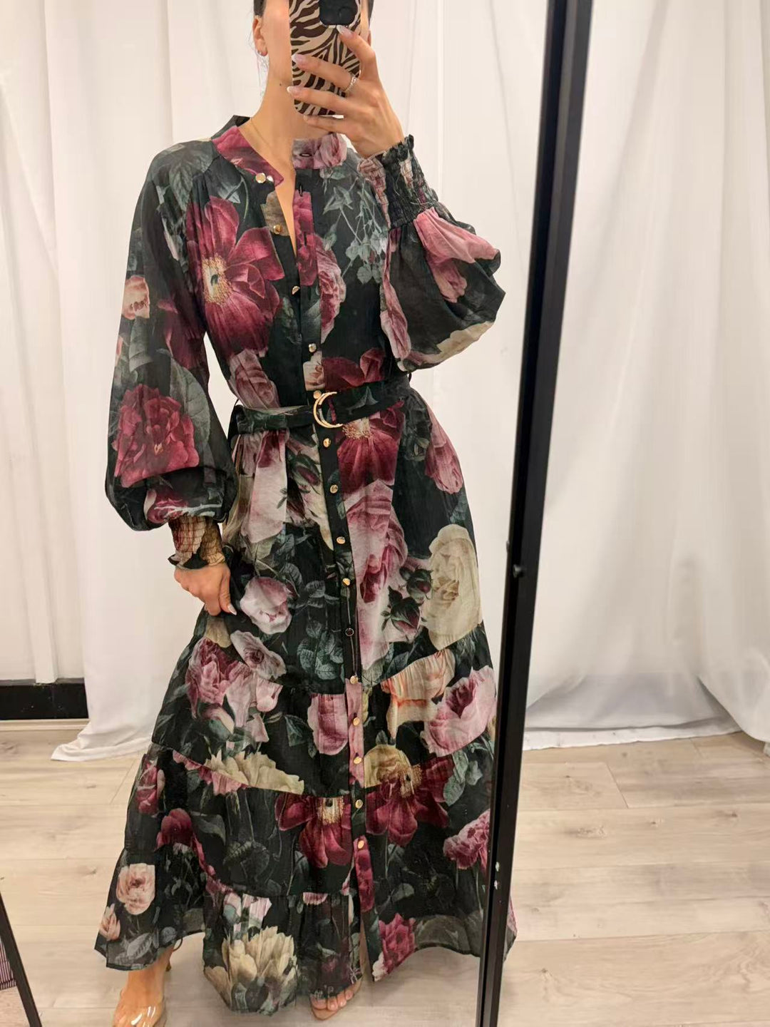 Floral Print Balloon Sleeve Maxi Dress - Floral