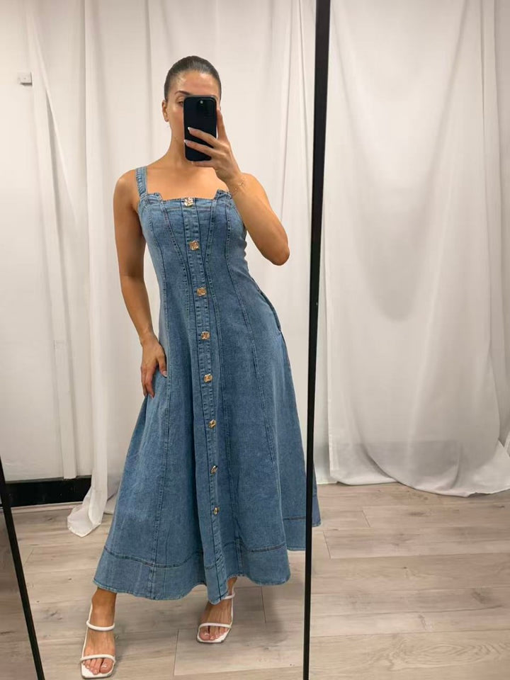 Denim Sleeveless Midi Dress - Light Wash