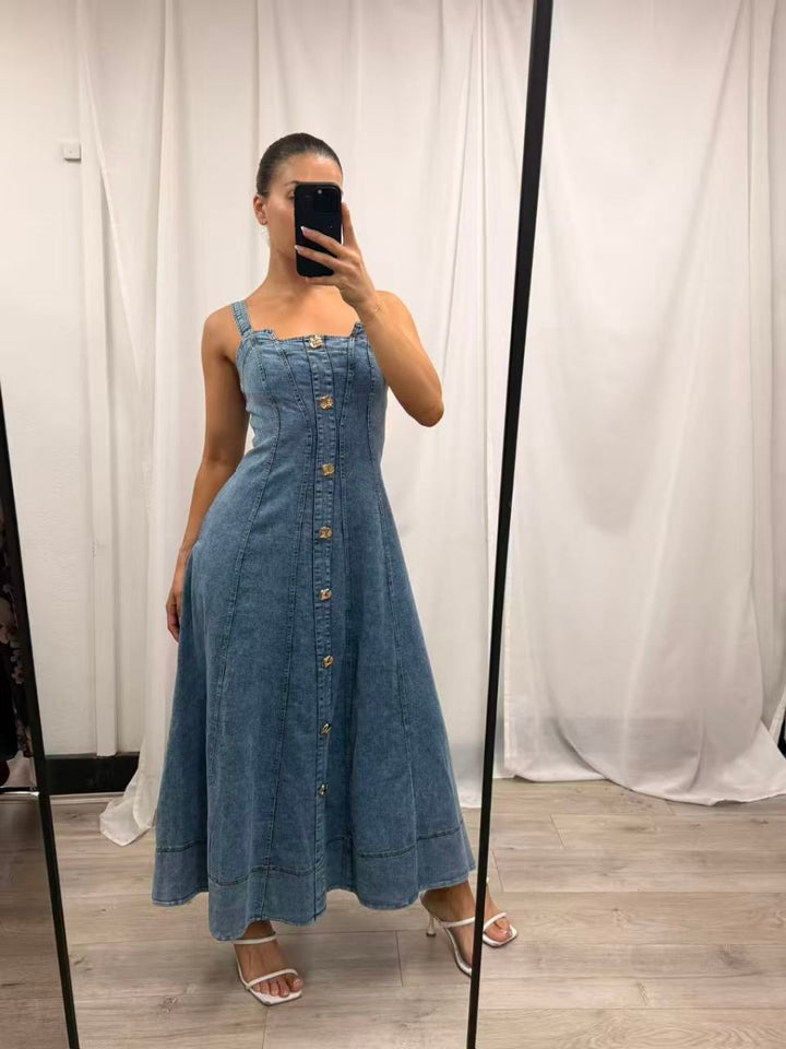 Denim Sleeveless Midi Dress - Light Wash