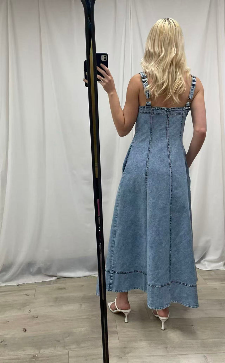 Denim Sleeveless Midi Dress - Light Wash