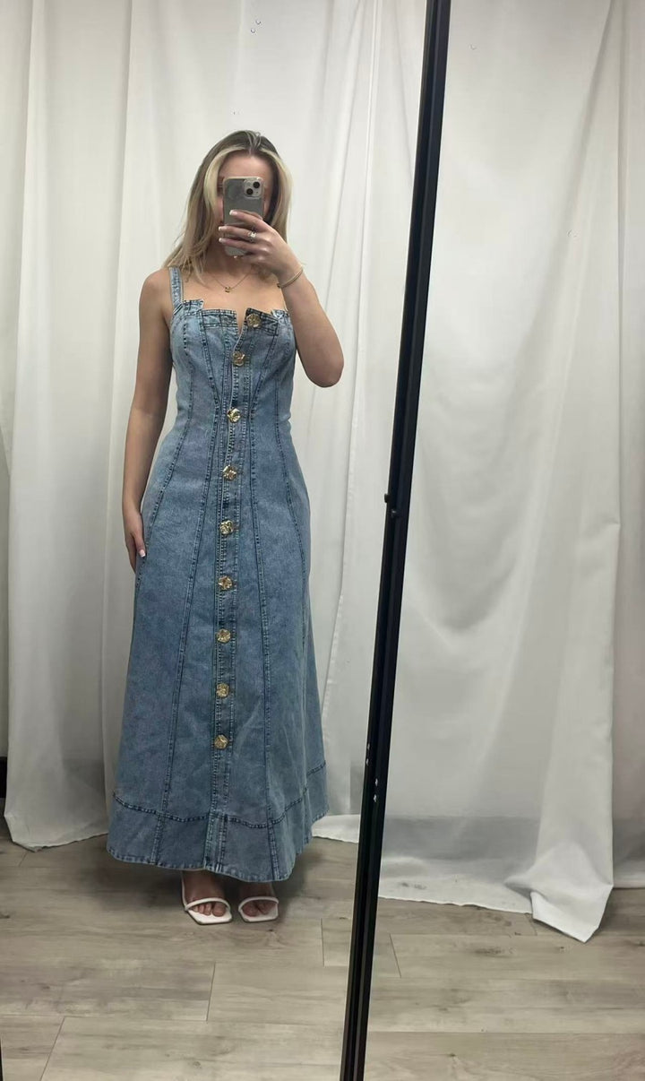 Denim Sleeveless Midi Dress - Light Wash