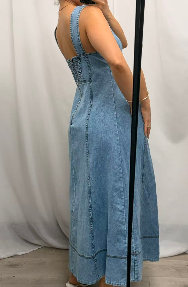 Denim Flared Midi Dress - Light Wash