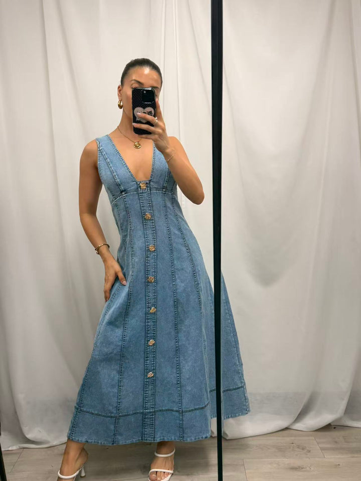 Denim Flared Midi Dress - Light Wash