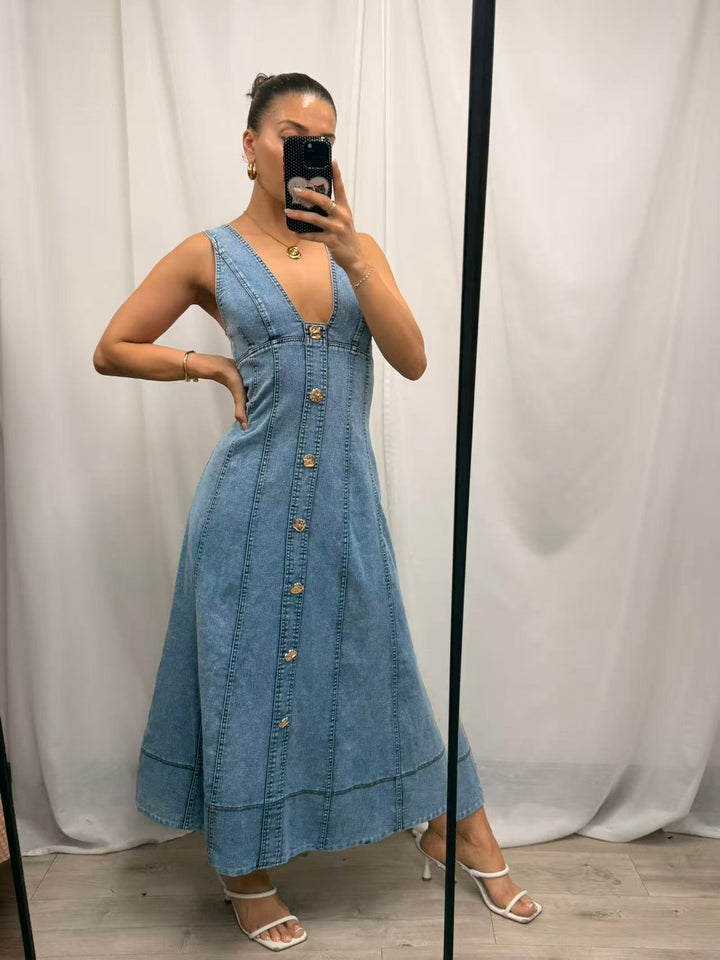 Denim Flared Midi Dress - Light Wash