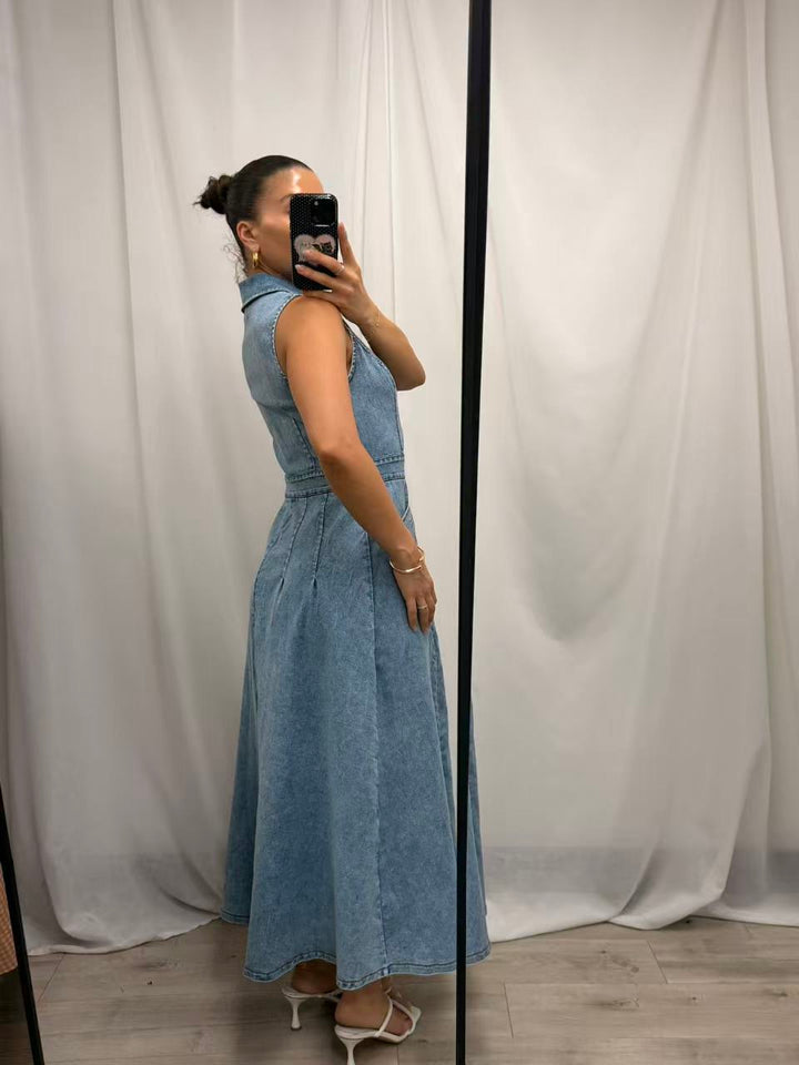 Denim Collared V-Neck Midi Dress - Light Blue