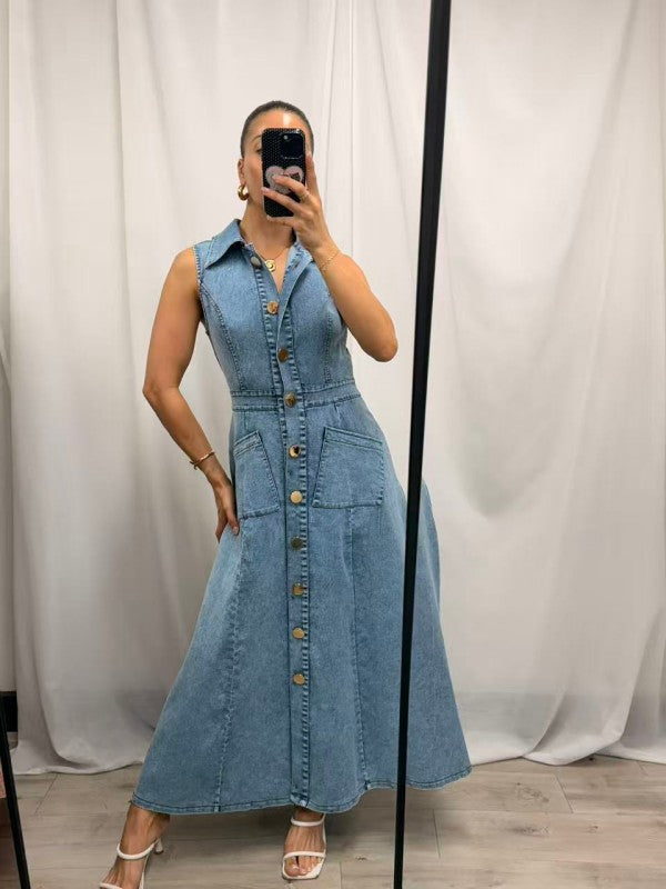 Denim Collared V-Neck Midi Dress - Light Blue