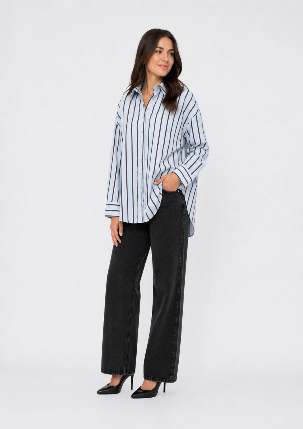 Oversized Striped Button-Up Shirt — Blue