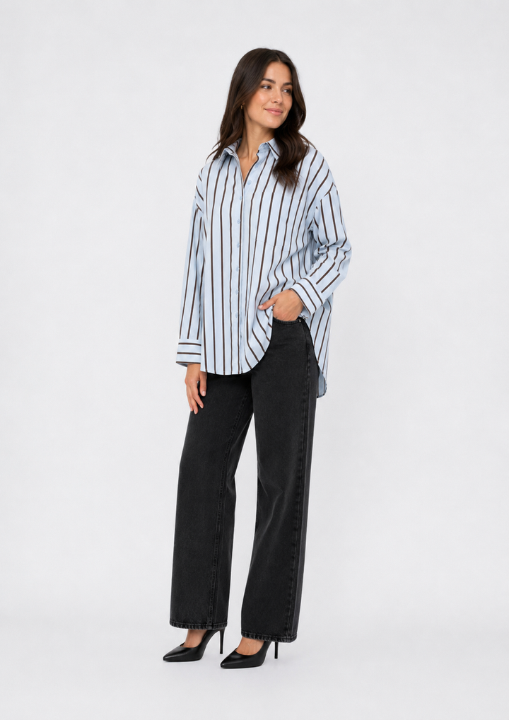 Oversized Striped Button-Up Shirt — Blue