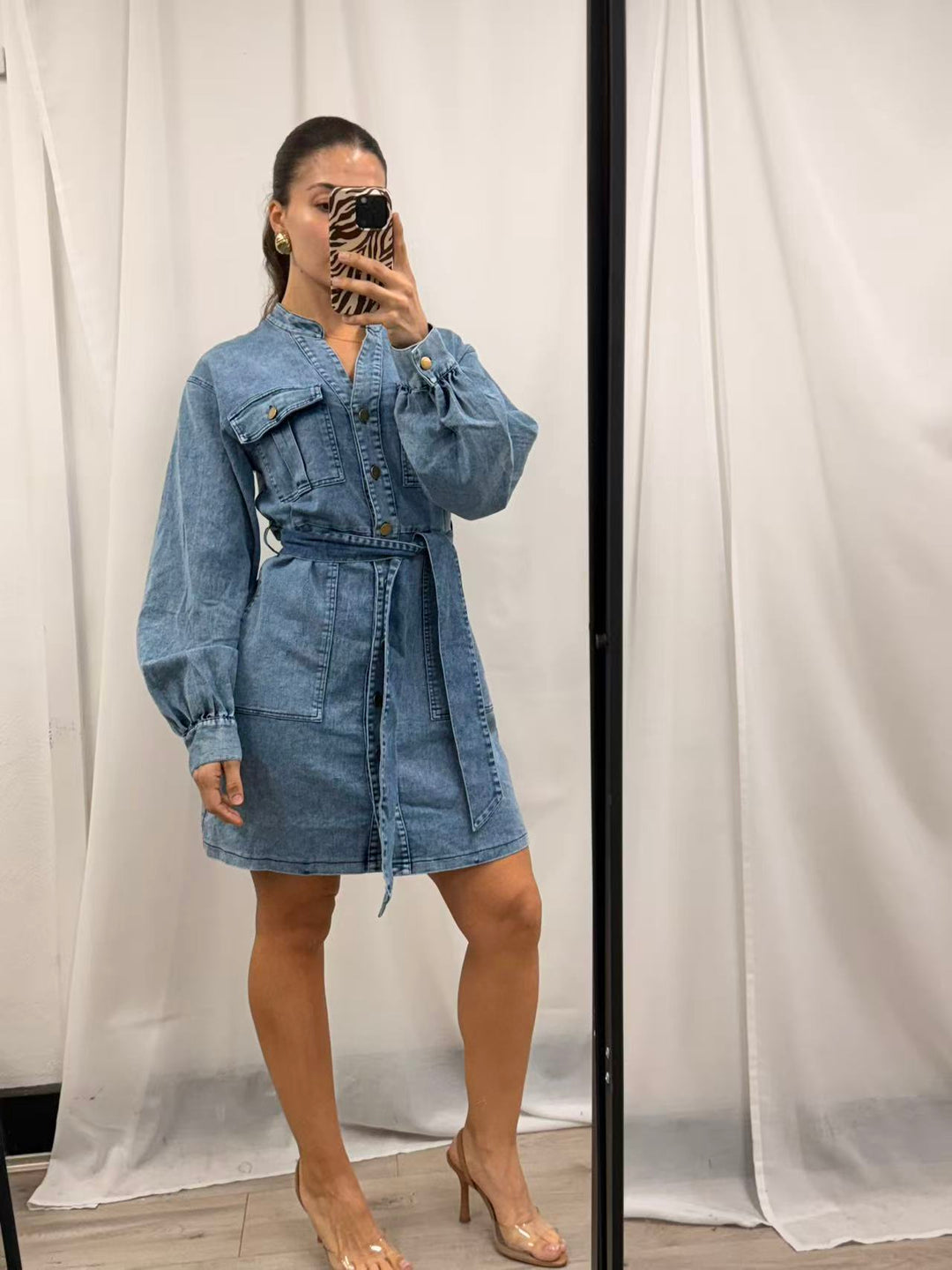 Denim Balloon Sleeve Mini Dress - Denim Wash