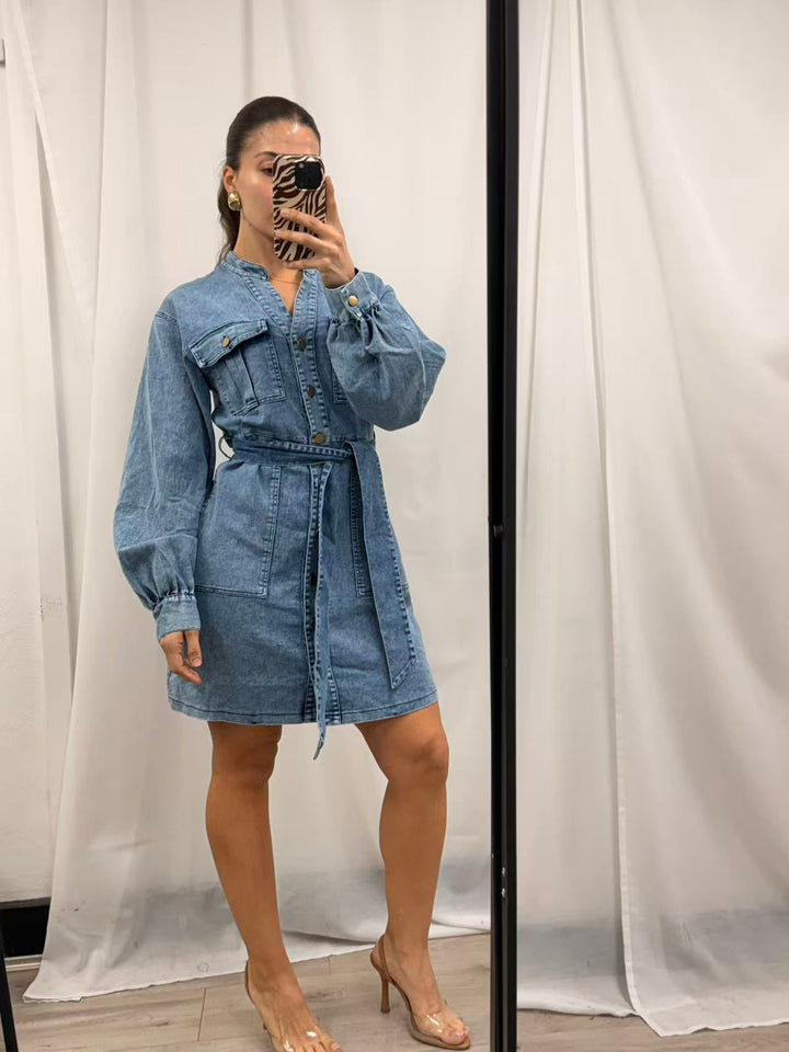 Denim Balloon Sleeve Mini Dress - Denim Wash