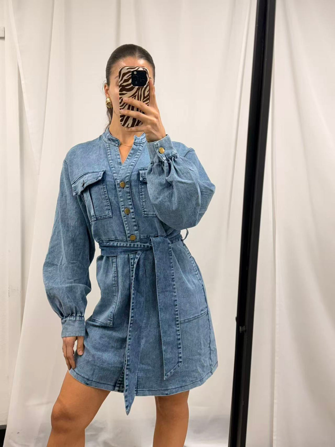 Denim Balloon Sleeve Mini Dress - Denim Wash