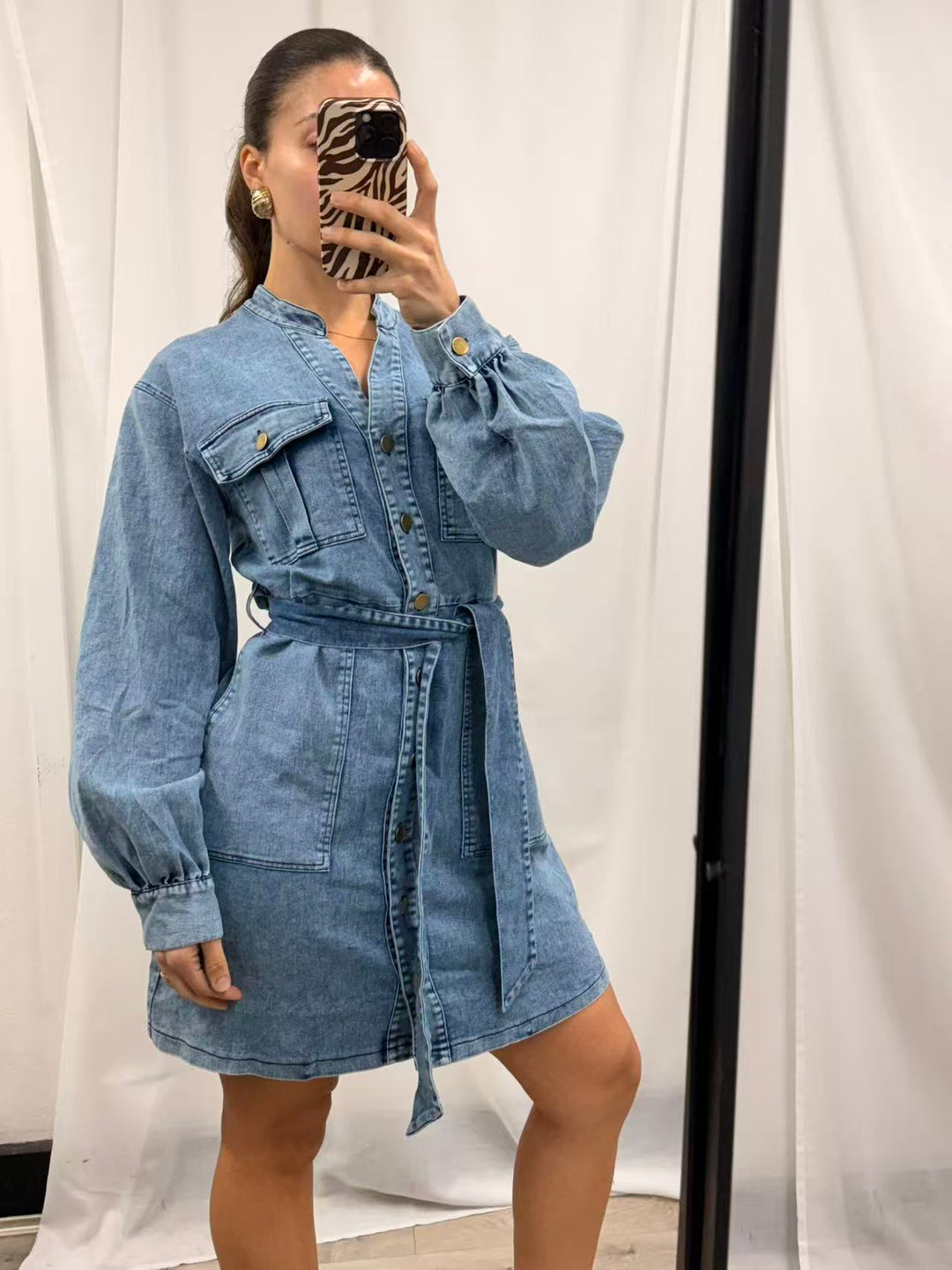 Denim Balloon Sleeve Mini Dress - Denim Wash