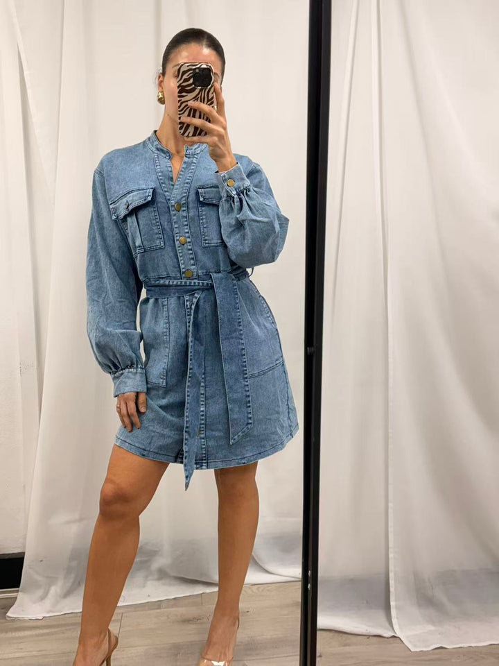 Denim Balloon Sleeve Mini Dress - Denim Wash