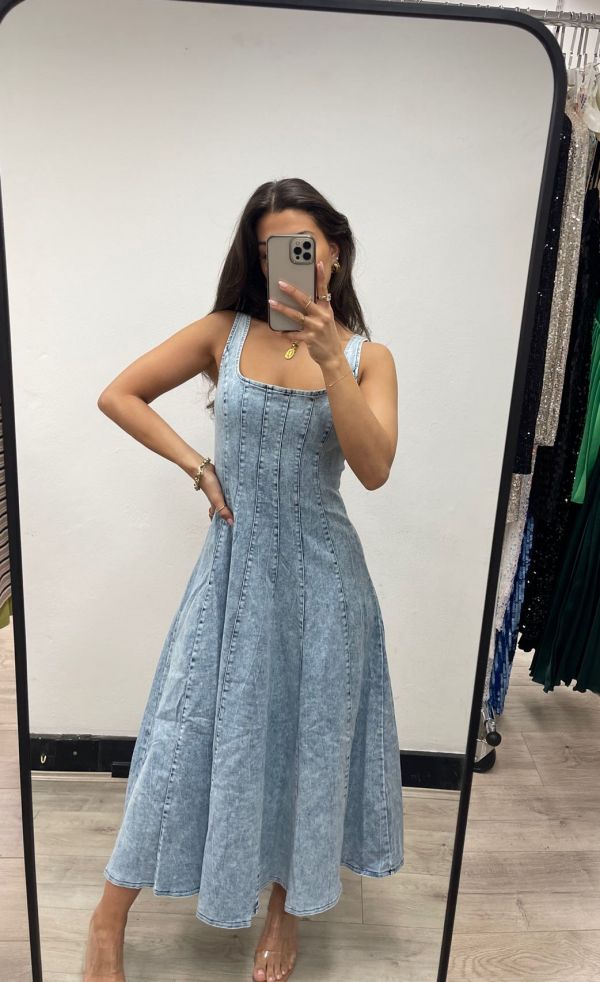 Denim Strappy Midi Dress - Light Denim