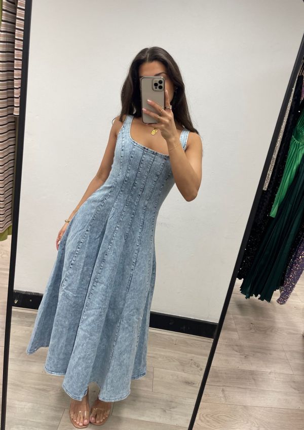 Denim Strappy Midi Dress - Light Denim
