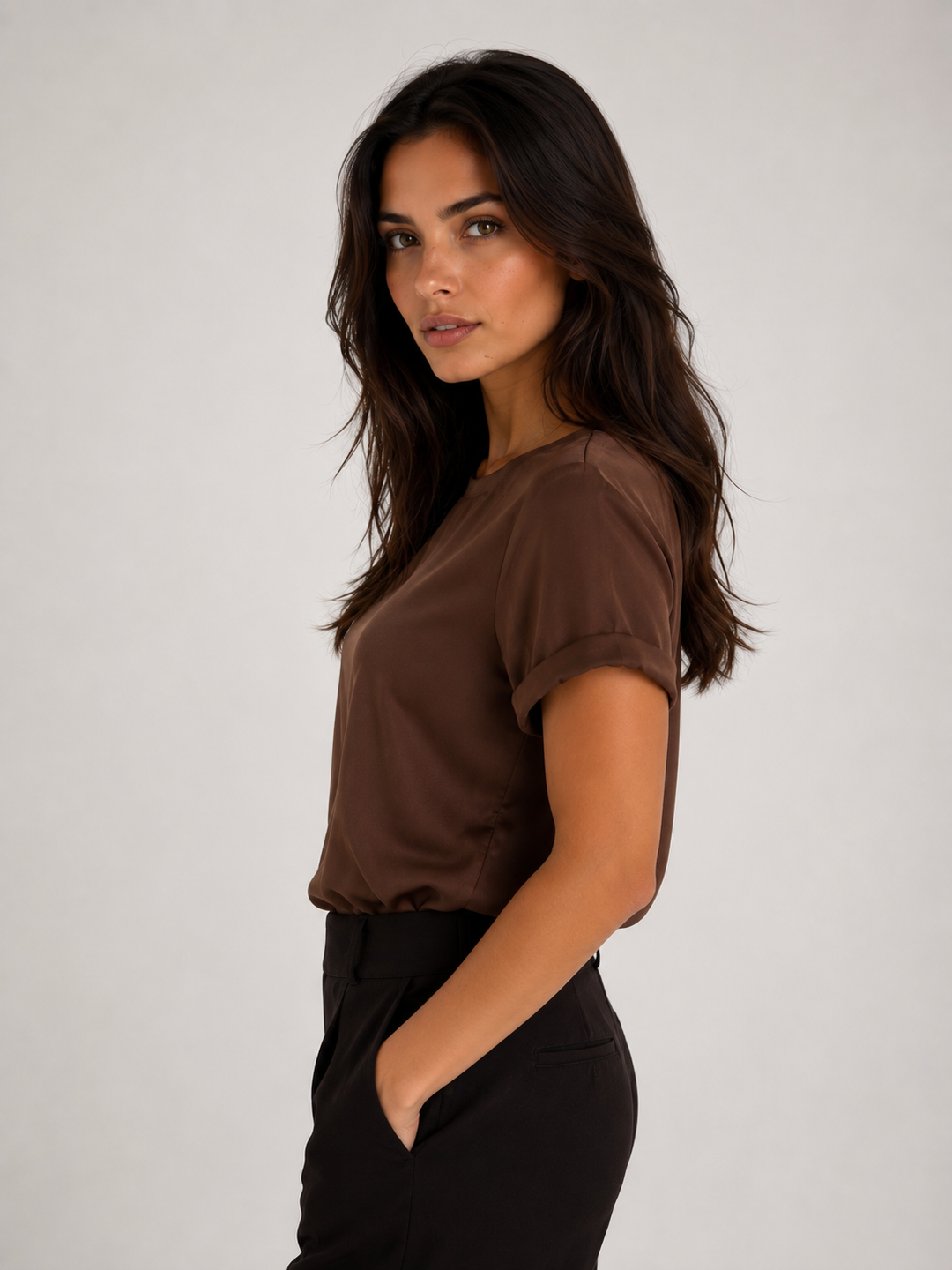 Satin Crew Neck Tee — Brown