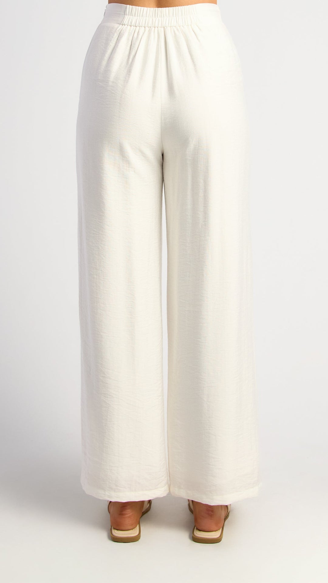 Textured Pants With Elastic Back Waist - White