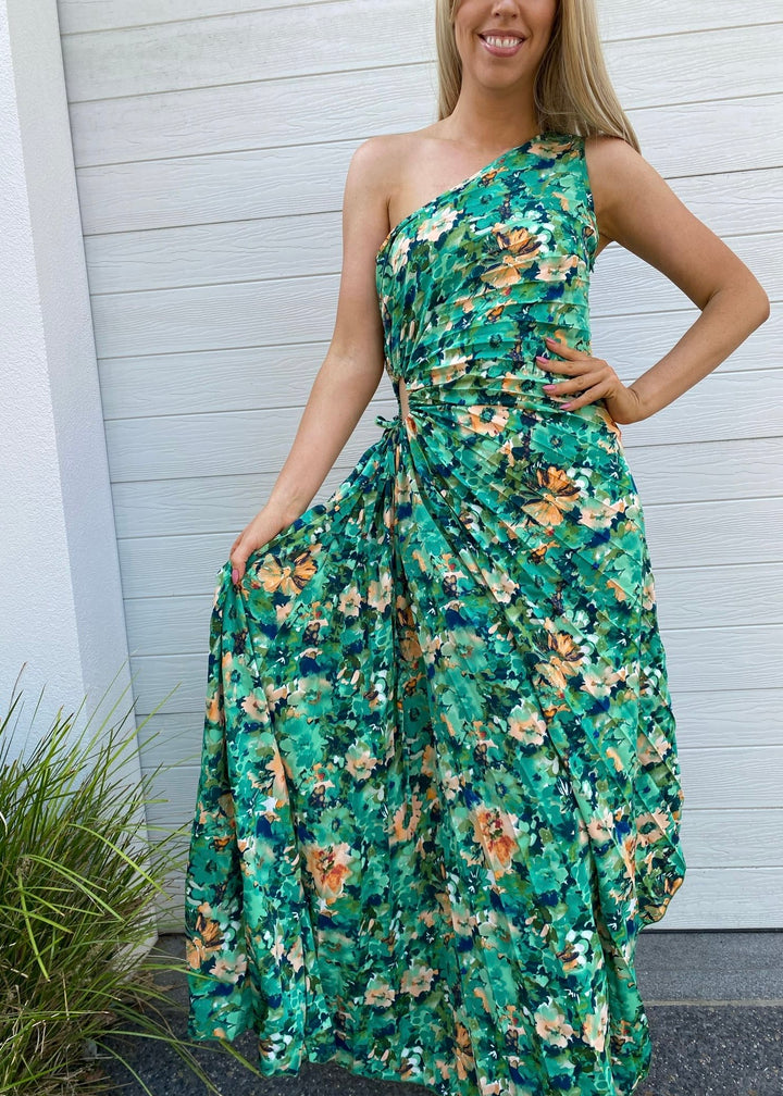 Camelia pleat dress - green and orange floral print