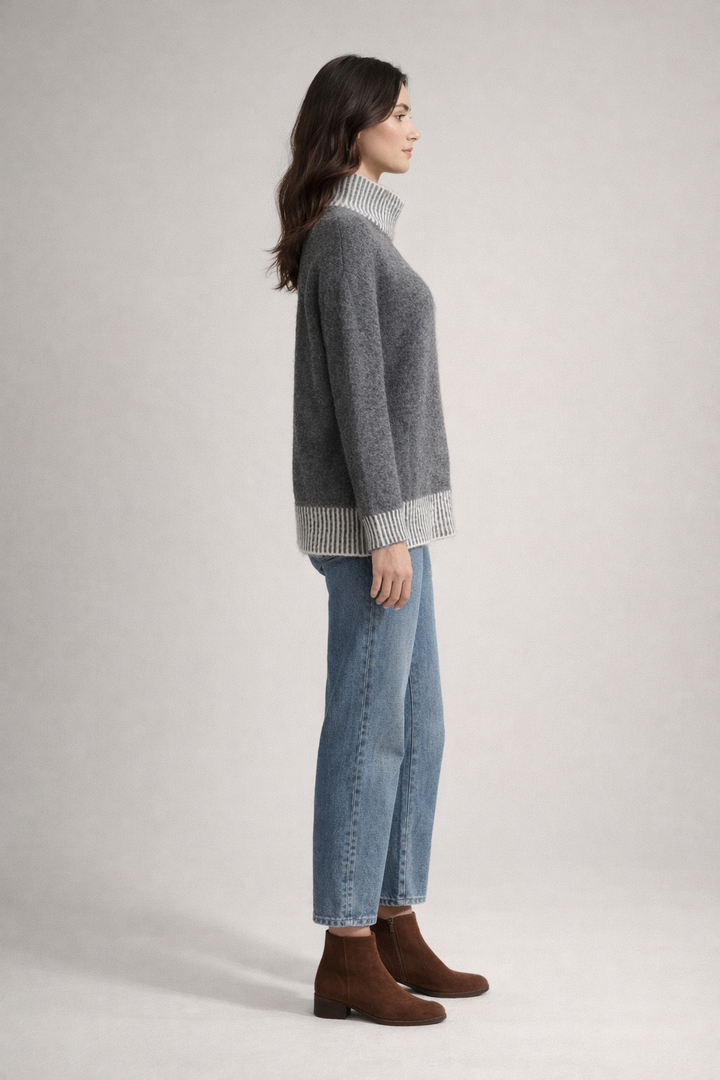 Contrast-Trim Turtleneck Sweater — Charcoal