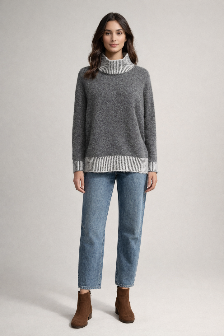 Contrast-Trim Turtleneck Sweater — Charcoal