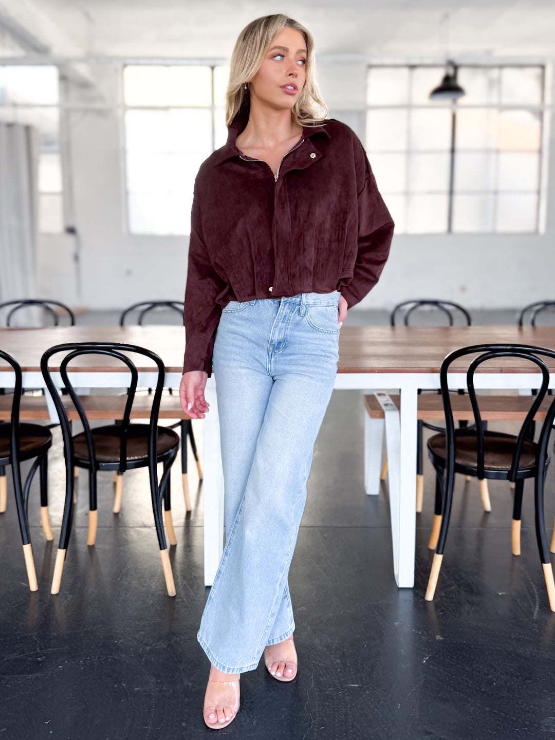 Cropped Suede Shacket — Chocolate
