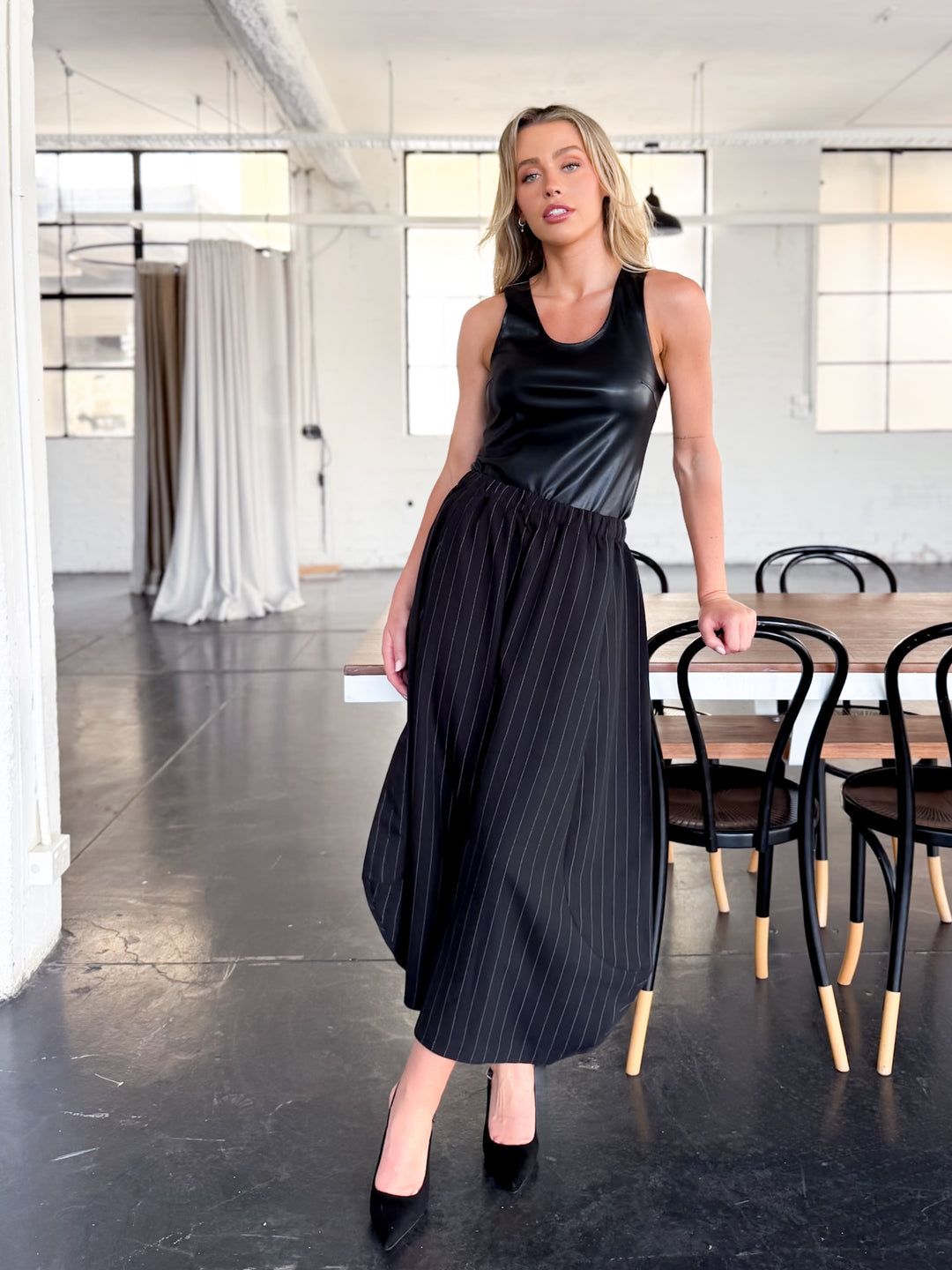 Pinstripe Strapless Peplum Set — Black
