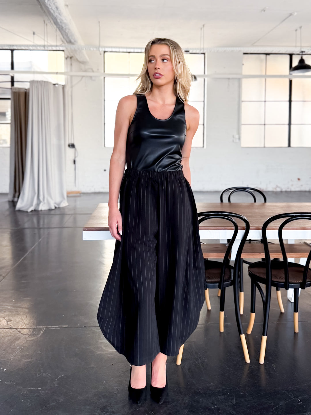 Pinstripe Strapless Peplum Set — Black
